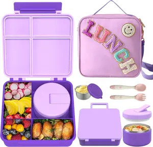 Bento Lunch Box with 8oz Soup Thermo,  Leakproof Lunch  Containers with 4 Compartment,Insulated Hot  Jar with Lunch Bag for School, Travel (Purple)