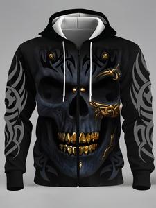 Men's fashionable casual novel 3D skull pattern printed zipper pocket hoodie