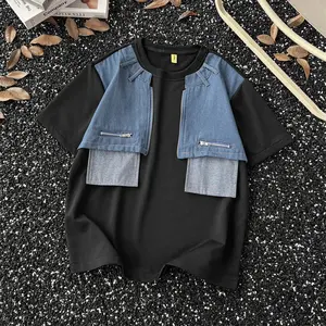 Men's Denim Splicing T-shirt American Casual Fashion Loose Tops Summer 2026 New Round Neck Fake Two-piece Street Style Tees