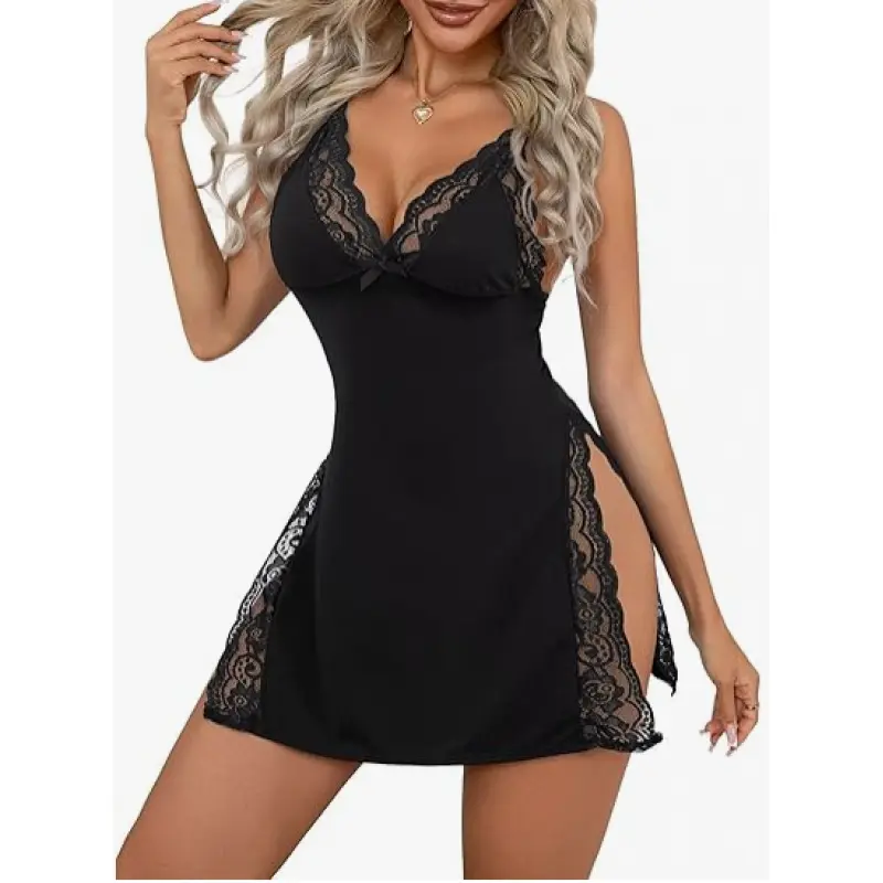 Women's Sleeveless Tease & Ease Lace Babydoll Lingerie - Sexy Sheer Spaghetti Strap Nightgown Chemise, Skin-Friendly Elegant Black Loungewear with Side Slit - TikTok Shop Women's Sleeveless Tease & Ease Lace Babydoll Lingerie - Sexy Sheer Spaghetti Strap Nightgown Chemise, Skin-Friendly Elegant Black Loungewear with Side Slit - TikTok Shop
