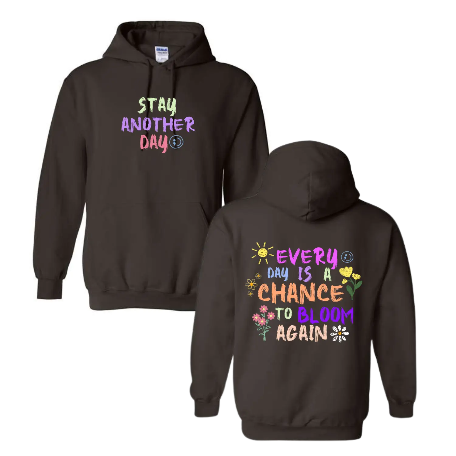 Stay Another Day Women's Light Fleece Pullover Hoodie Sweatshirt - Spring '25 Exclusive, Mental Health Awareness, Casual Long Sleeve Top, Polyester-Cotton Blend, Dark Chocolate Floral Design
