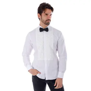 Weave Depiction Long Sleeve Shirt - Cotton Fabric, Elegant Design, White Color, Long Sleeves, Casual Style, Suitable for Men Polyester Spandex Menswear Collared Stretch Top Tuxedo Beige Plain