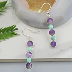 Beaded Peruvian Amazonite, Amethyst Drop Dangle Style Earring. Multi Colored Gemstone Earring. 4 Drop Earring. Sterling Silver Ear-wire.