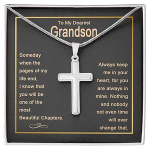 Grandson Necklace To My Grandson Gift Cross Pendant for Boys Christian Jewelry with Message Card Birthday Christmas Graduation Inspirational Gift from Grandpa or Grandma