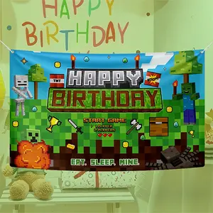 Pixel Mining Game Happy Birthday Backdrop 150x100cm, Retro 8-Bit Gaming Party Background Banner, Home Decor Banner, Kids & Boys Birthday Decoration