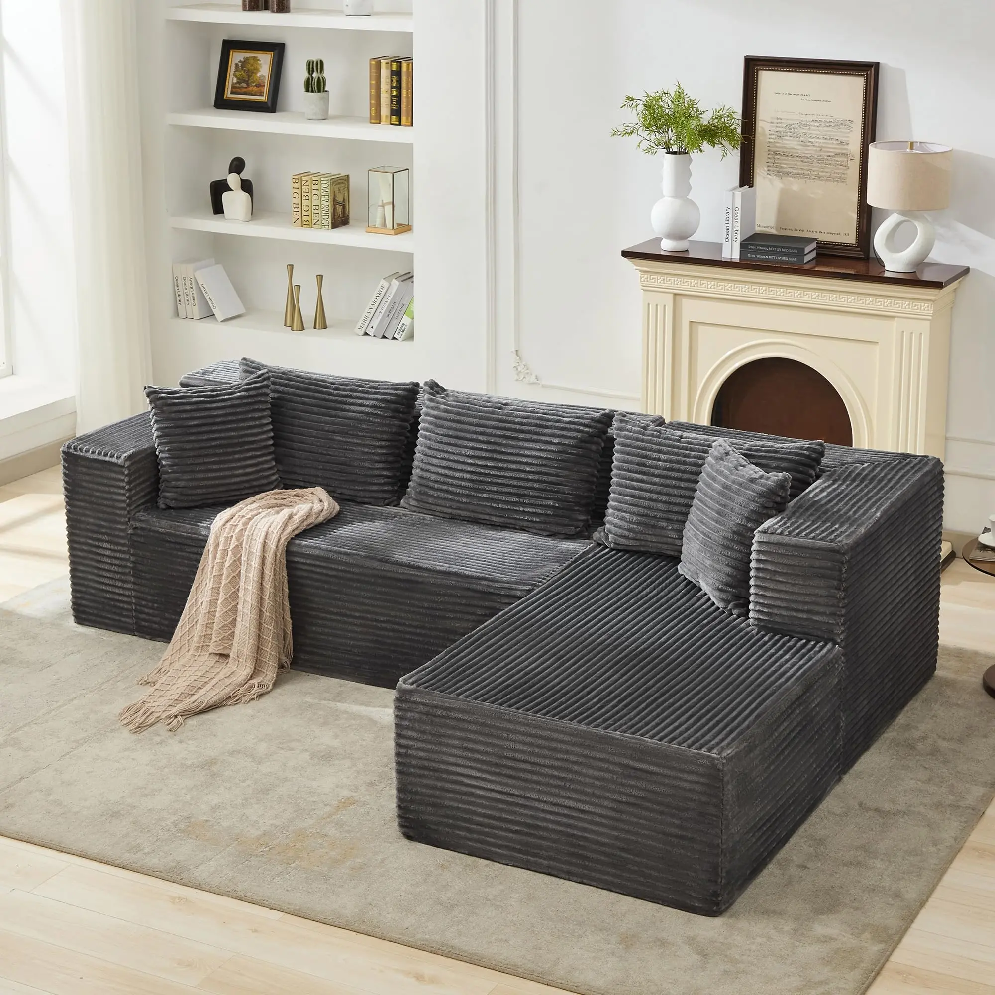 106" Oversized Modular L-Shape Corduroy Sectional Sofa with Deep Seat, Chaise, Lumbar Support, Cushion, Ultra-Soft Pet-Friendly Black Upholstery, No-Tools Setup, Cloud Comfort for Movie Night, Watch Party, Condo Living Room Multi-Piece Set