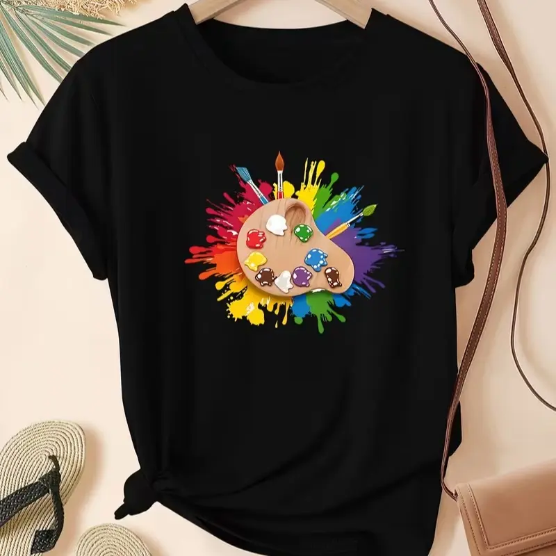 Colorful Paint Palette Brushes Paint Splash Artist Graphic T Shirt Art Teacher Womens Casual Tee
