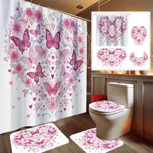 1/4pcs Valentine's Day Pink Heart Butterfly Shower Curtain Set, Bathroom Decor Kit Includes Printed Bathtub Liner with Non-Slip Mat and Toilet Cover, 12 Plastic Hooks, Home Accessories