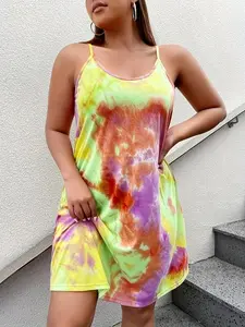 Plus Size Tie-Dye Spaghetti Strap Sleeveless Mini Dress Casual Scoop Neck Loose Fit Dress, Y2K Clothes Summer Daily Wear, Trendy Retro Dresses, Comfortable Relaxed Fit Casual Ensembles, Stylish Vibrant Pattern Detail Party Casual Wear