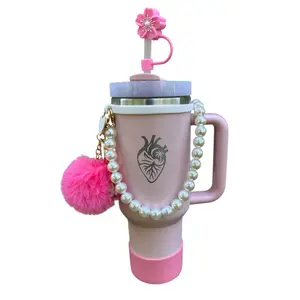 Elegant Pink Térmico with Asa and Accessories - Vaso Térmico con Asa y Accesorios  Glam Drinkware Flasks Stylish Tumbler Beverage Reusable Straw Mug Bottles Bottled 40 Oz