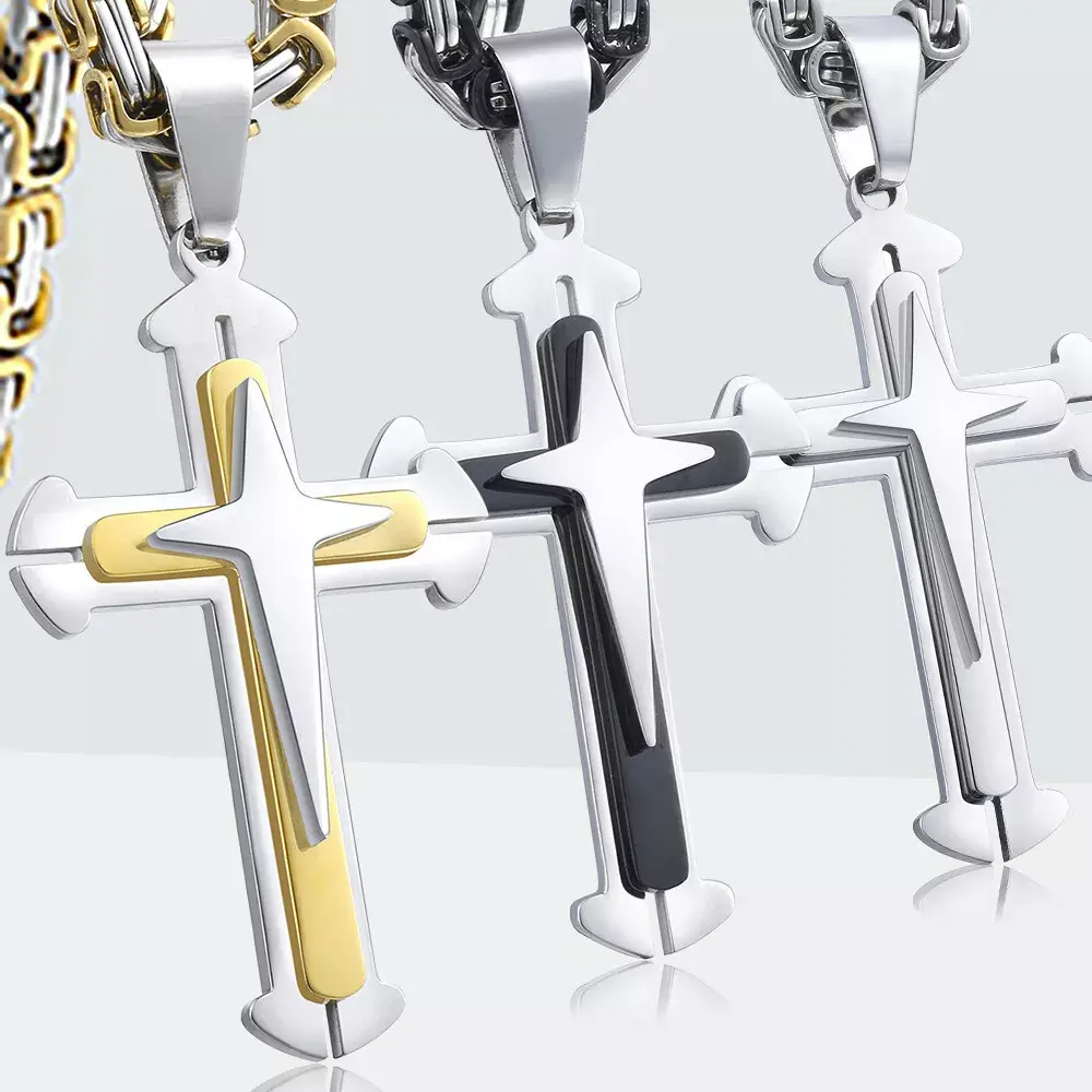 Hermah Men's Cross Necklace Golden Black Pendant Stainless Steel Byzantine Chain Hip Hop Male Jewelry Classic Modern Aesthetic