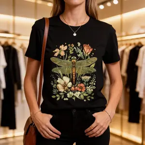 Women's Oversized Graphic Tees - Boho Dragonfly & Wildflower Print | Nature Lover Trendy T-Shirt Punk Music Note Tunic
