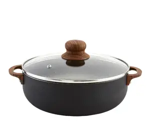 IMUSA 13.5qt Black Stone Aluminum Speckled Nonstick Caldero with Glass Lid & Wood Look Handles, Black