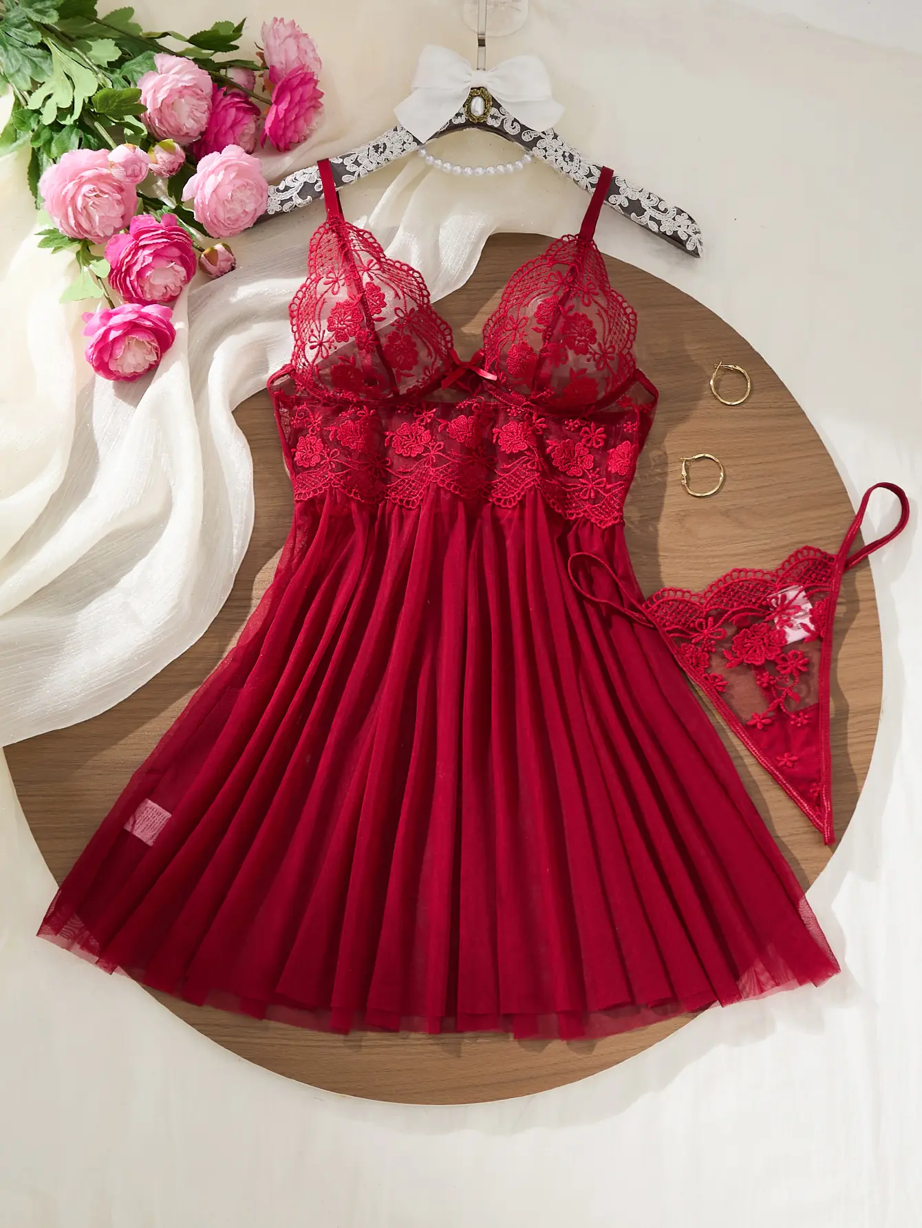 Women's 2-Piece Cute Elegant Holiday Nightwear Set - V-Neck Camisole, Sheer Lace Trim Shorts, Soft Polyester Lady Loungewear in Wine Red