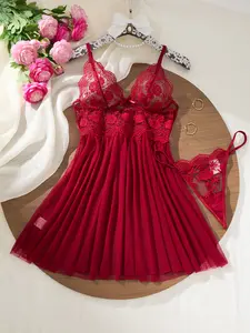 Women's mature charm wine red nightdress set, super soft and comfortable, Slim Fit Sheer Lace Bodysuit
