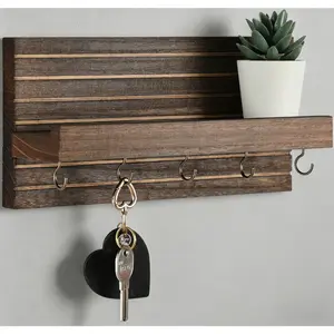 Decorative Key Holder for Wall with Shelf, Entryway Shelf with Hooks Holds Leashes, Jackets and Glasses – Sturdy Wood Keyholder Entrance Hanger with Mounting Hardware (Brown, Medium)