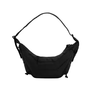 Women's Quilted Croissant Bag - Lemaire Quilted Purse with Eyelet, Logo Patch, Chocolate Color for Unisex Use