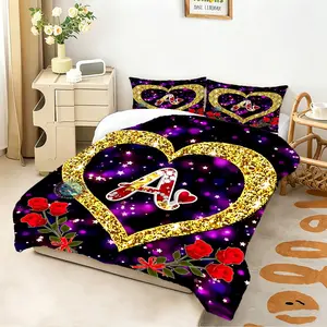 2/3Pcs Letter Heart Rose Art Print Quilted Comforter Set, Dreamy Letter Design, High-Density Quilt Cotton for Warmth, Quilted to Prevent Cotton From Shifting, A Unique Bedroom Bedding Set, Pillowcase Without Pillow Insert