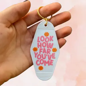 "Look How Far You've Come" Motel Keychain in White - Gold Key Ring motel keychain