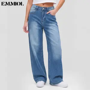 EMMIOL Women's Blue Wash Boyfriend Wide Leg Jeans - Y2K Vintage Style - Denim Baggy Jeans | Baggy fit Pants