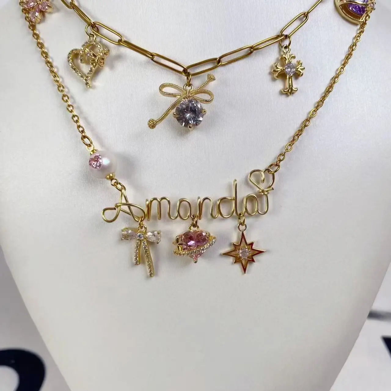 （Double necklace）Cus wometom different quantity charms necklace and name necklace jewelrey forn girls