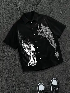 Unisex Y2K Dark Aesthetic Thorn Cross Graphic Print Button Shirt, Loose Short Sleeve, Casual Street Style, Man, Perfect for Holidays and Warm Seasons, Classic Shirt