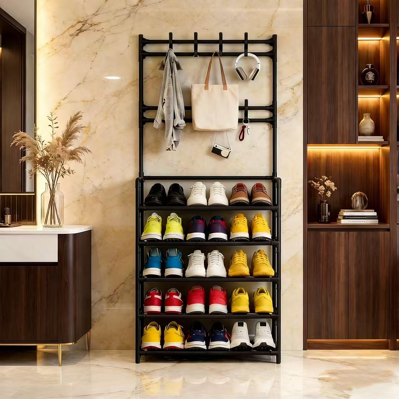 2026 Coat Rack with 8 Double Hooks 5 Layers Non-Woven Fabric Space-Saving Storage for Entryways Living Rooms Hallways Separate Shoe Rack Multicolor Iron Pipe 16 mm & 9.8 mm