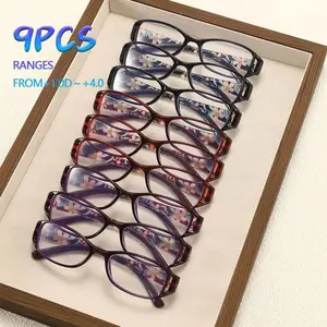 9PCS men's and women's retro square small frame printed high-definition reading glasses, Reading Eyeglasses, High quality eyewear - PC material,+1.0 to+4.0 degrees, lightweight and durable