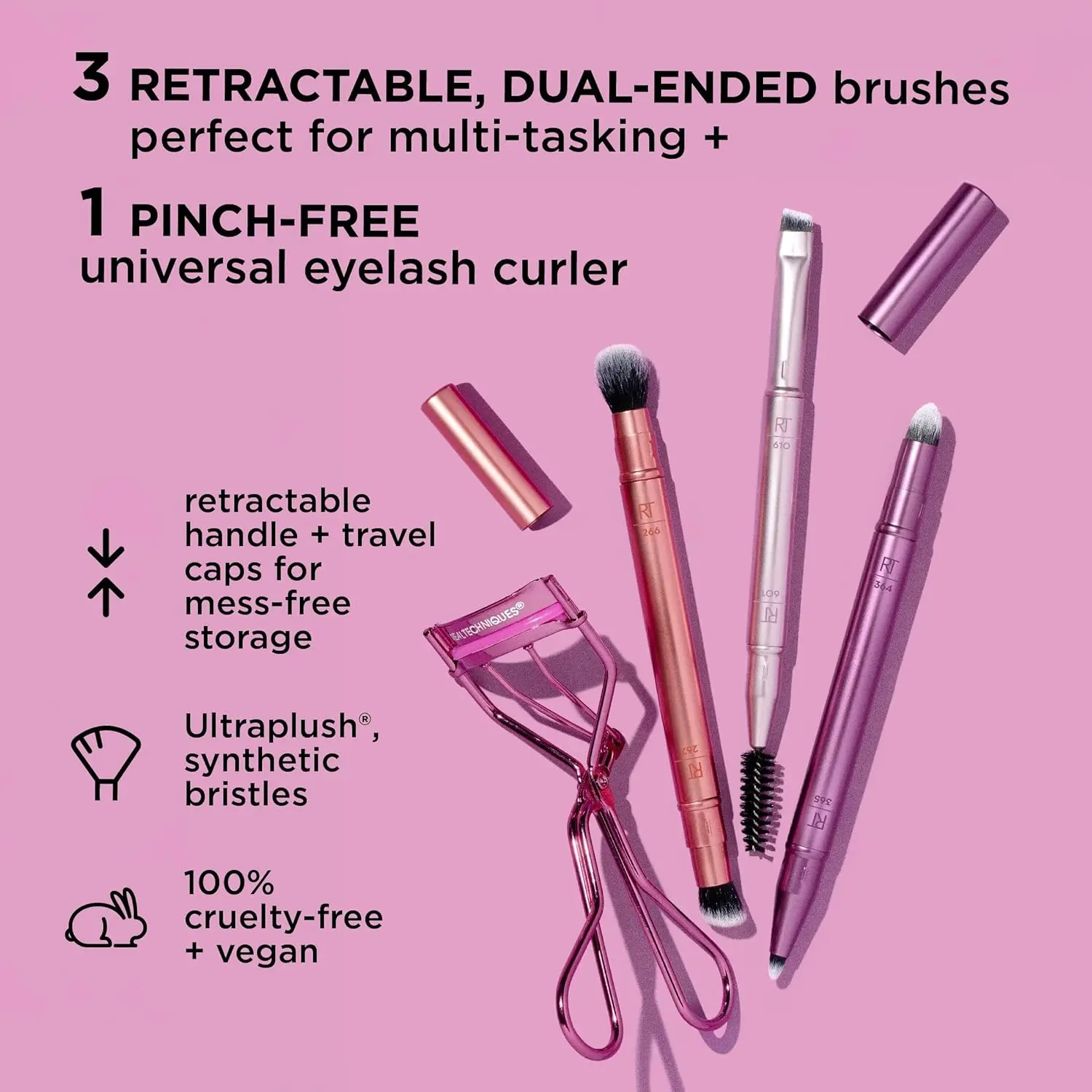 Real Techniques Double Time Brush + Lash 4 Piece Set, Eye Makeup Brushes | Travel-ready eye looks with an eye brush set with curler, travel brush set caps, pinch-free and fits all eye shapes