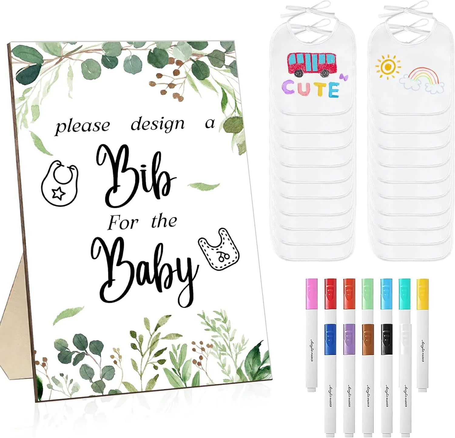 Baby Bib Decorating Set, 33Pcs Baby Shower Game Kit with 20 White Bibs 12 Color Fabric Markers & 1 Wooden Greenery Game Sign favor