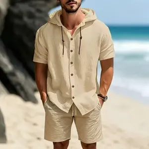 Men’s linen hooded short-sleeve shirt and shorts set—cool, breathable, skin-friendly; hooded button-up shirt paired with drawstring shorts, suitable for various occasions.