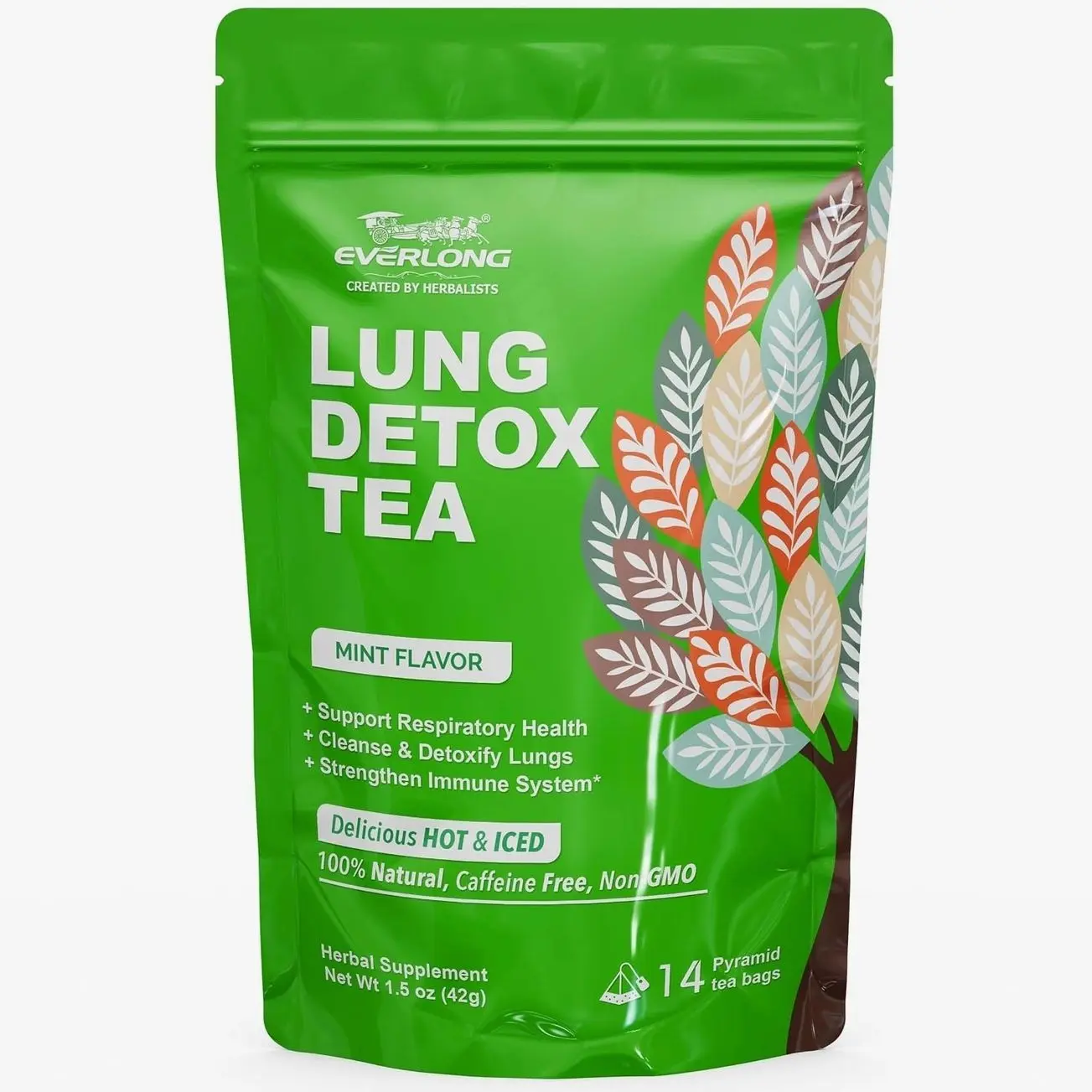 EVERLONG Lung Detox Tea – Mullein Tea with Thyme, Ginseng, Lungwort, Eucalyptus, Liquorice, Spearmint and Sage for Lung Cleanse and Respiratory Health – 14 Herbal Tea Bags, All Natural, Caffeine-Freeundefined