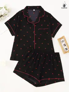 Women's Plus Size Bubble Pleated Sleepwear Set, Pajama Set, Cherry Print Short Sleeve Open Front Top and Shorts, Wearable Loungewear