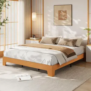 Pine Queen Size Platform Bed Frame, Minimalist Wood Bed Frame No Headboard Needed, Sturdy Low Profile Bed with Natural Wood Grain, Noise-Free & Easy Assembly