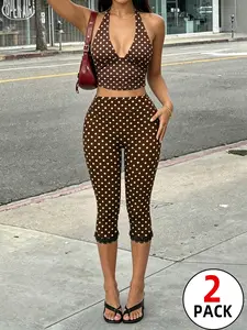2 Pack Women's Y2K Polka Dot Halter Crop Top & Capris Set, Coquette Lace Trim Two Piece Outfit, Lightweight & Stretchy, With Custom Label, TikTok Viral Aesthetic, Perfect for Festival, Streetwear, Casual Summer