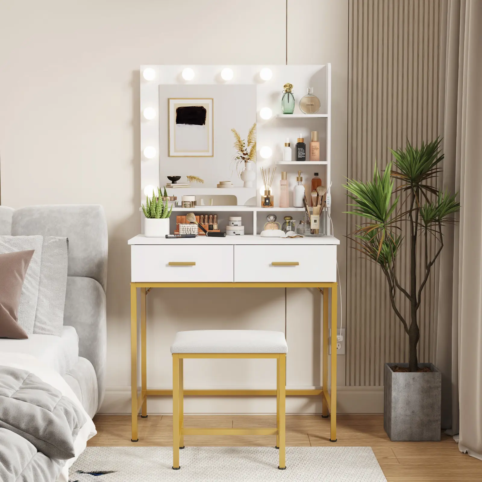 Lifewit Vanity Desk Set Makeup Dressing Table with Mirror and Bulb/LED Lights, with Drawers&Chair, 3 Lighting Modes Adjustable Brightness, Suitable for Bedroom/Bathroom, Wooden Top&Iron Frame