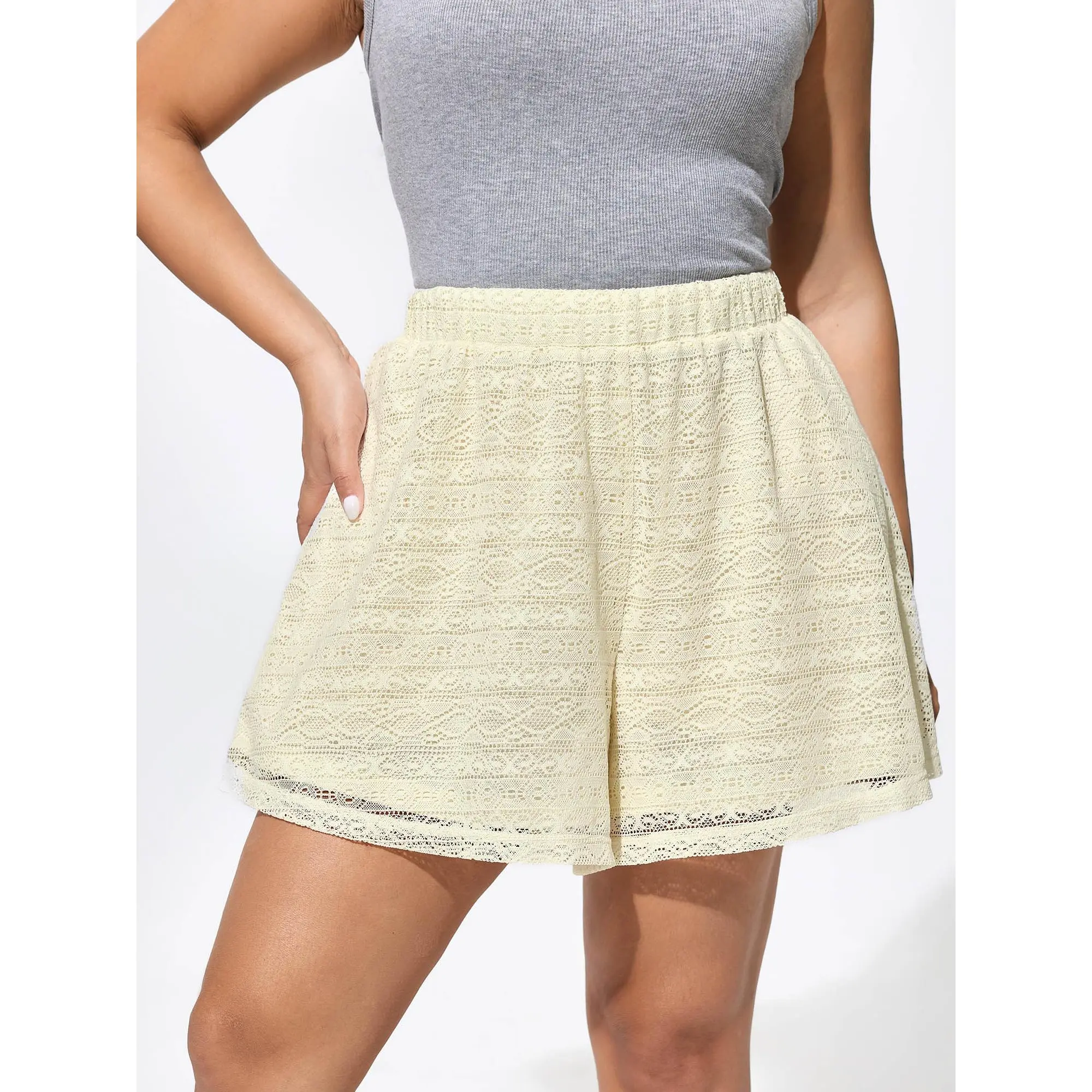 BloomChic Women's Plus Size High Rise Wide-Leg Shorts, Solid Cable Knit Bottoms with Cut-Out Hem, Flowy Breathable Resort Style, Bottom, Lady, Garment, Simple, Basic, Everyday, Fabric, Plus Size Clothes, 14-16/1X, Minimalist, Polyester, Plus Size Shorts
