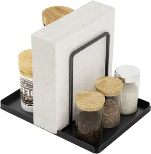 Napkin Holder, Metal Napkin Holder for Table with Salt and Pepper Shakers Caddy, Napkin Storage Dispenser for Kitchen Dinner Table and Picnic Decors, Black