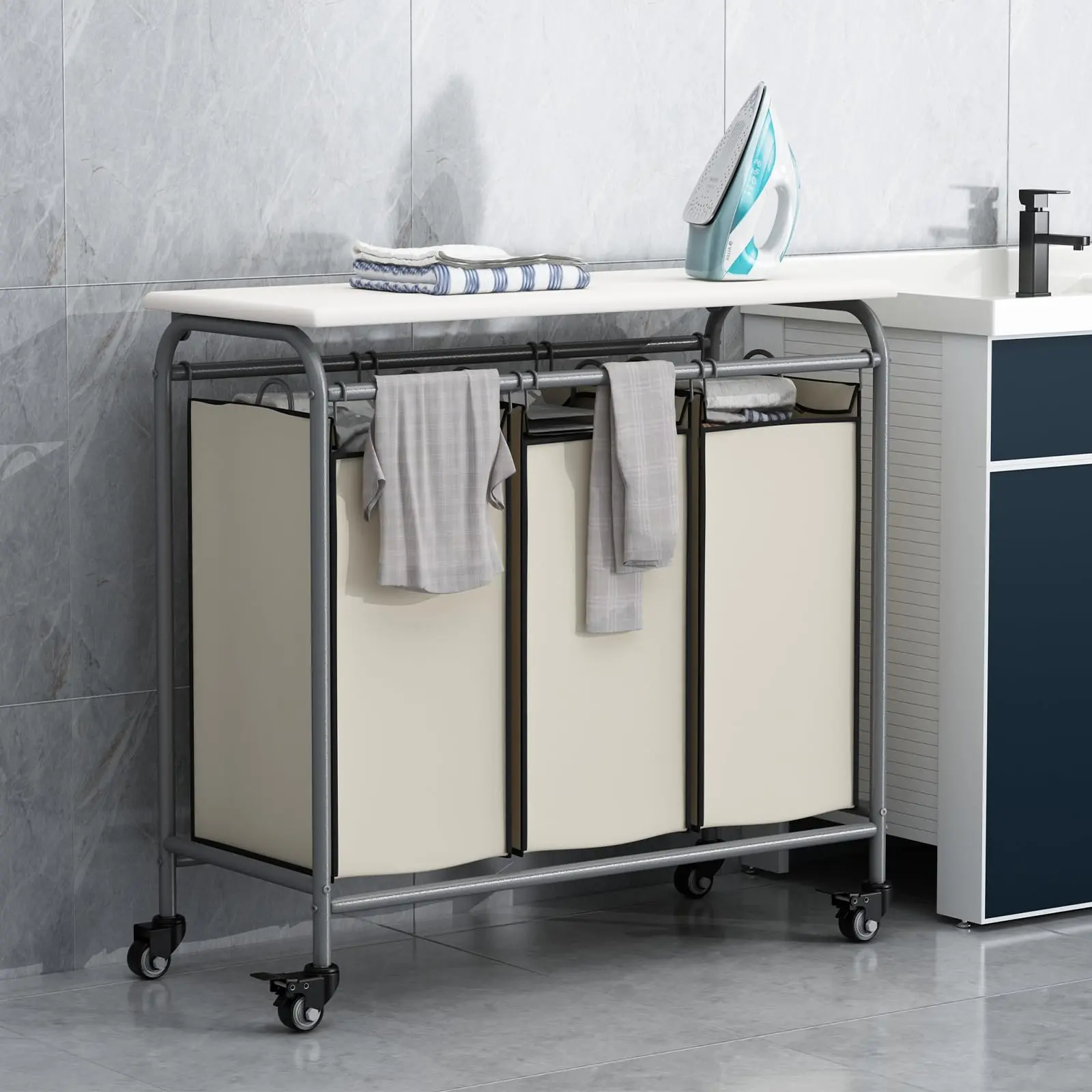 Heavy Duty 3-Bag Laundry Sorter Hamper Cart with Lockable Rolling Wheels, Ironing Board, Removable Clothes Baskets, Metal Hamper Cart Shelving & Storage, Home Organizer for Laundry Room Organiser Household Use