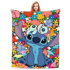 DISNEY CLASSIC Stitch Floral Throw Blanket – Disney Lilo & Stitch Character with Angel and Colorful Hawaiian Flowers, Cute and Vibrant Design for Soft Fleece Home Decor