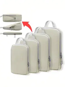 A 4-piece compression-packed cubic travel storage bag set featuring a durable and reusable design, anti-RFID functionality, and a classic aesthetic, offering an ideal solution for efficient luggage organization, Travel Organizer