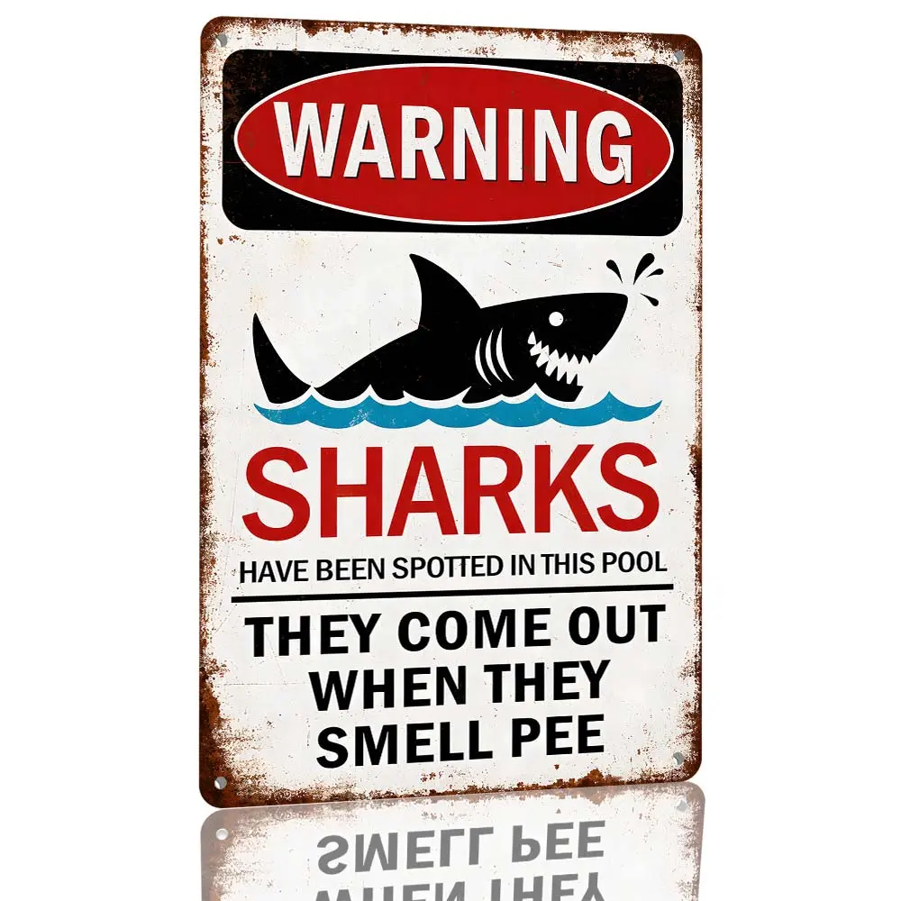Warning Sharks In This Pool Aluminum Sign Funny Shark Metal Wall Decor Vintage Poolside Plaque For Backyard Patio Swimming Area Bathroom Bar Tiki Room Beach House Or Summer Party Gift Indoor Outdoor Hanging 8×12 Inch