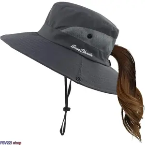 Women's Wide Brim Adjustable Ponytail Bucket Hat with Ponytail Hole, Chin Strap, Foldable, Ultra Light Oversized Solar Protection Sun Defender Hat for Camping, Beach, Oversized Uv Hats, Solar Protection Hats