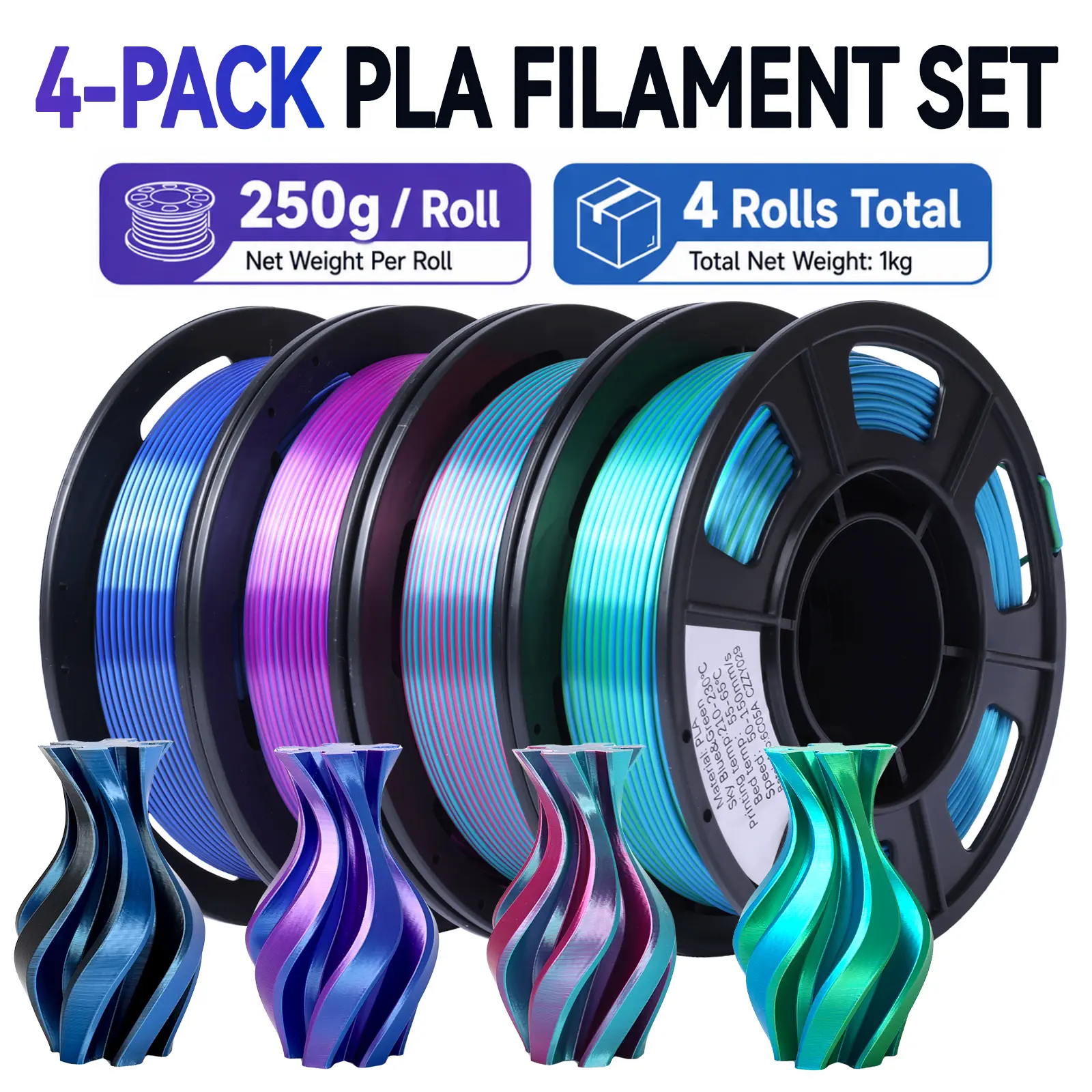 Epelay 3D Printer Filament, Galaxy Glitter PLA Filament 1.75mm ±0.02mm, Glow in the Dark with UV, 4 x 250g Spoolsfor FDM Printers (Glow Glitter Blue, Glow Glitter Green, Galaxy Glitter Silver, Gold)
