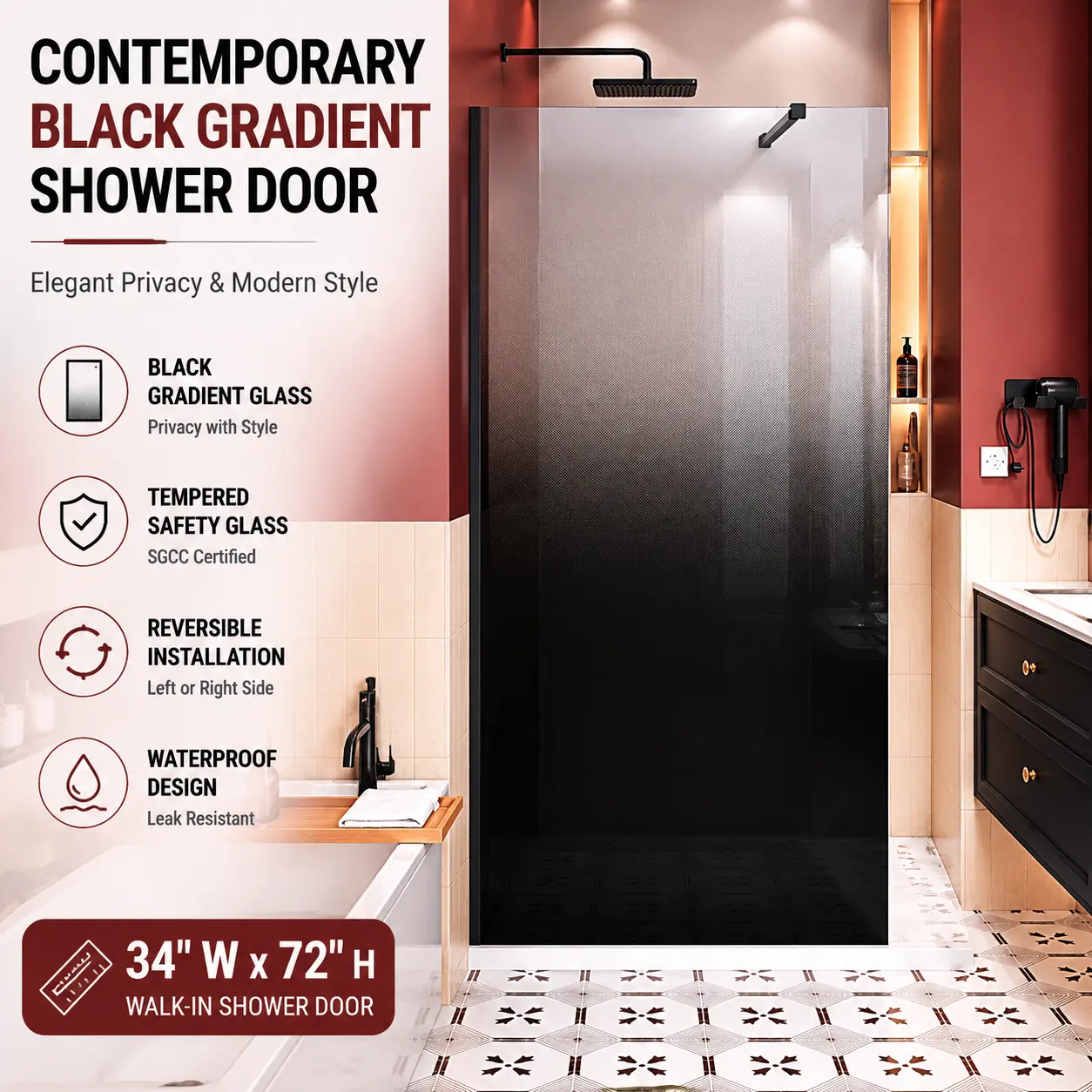 34"W x 72"H Black Gradient Bathroom Frameless Walk-In Shower Door, Tempered Glass Shower Panel with Reversible Installation for Enhanced Privacy