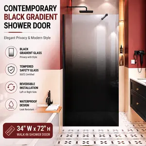 31.5"W x 72"H Black Gradient Shower Door, Frameless Walk-In Shower Panel with Tempered Glass, Reversible Installation