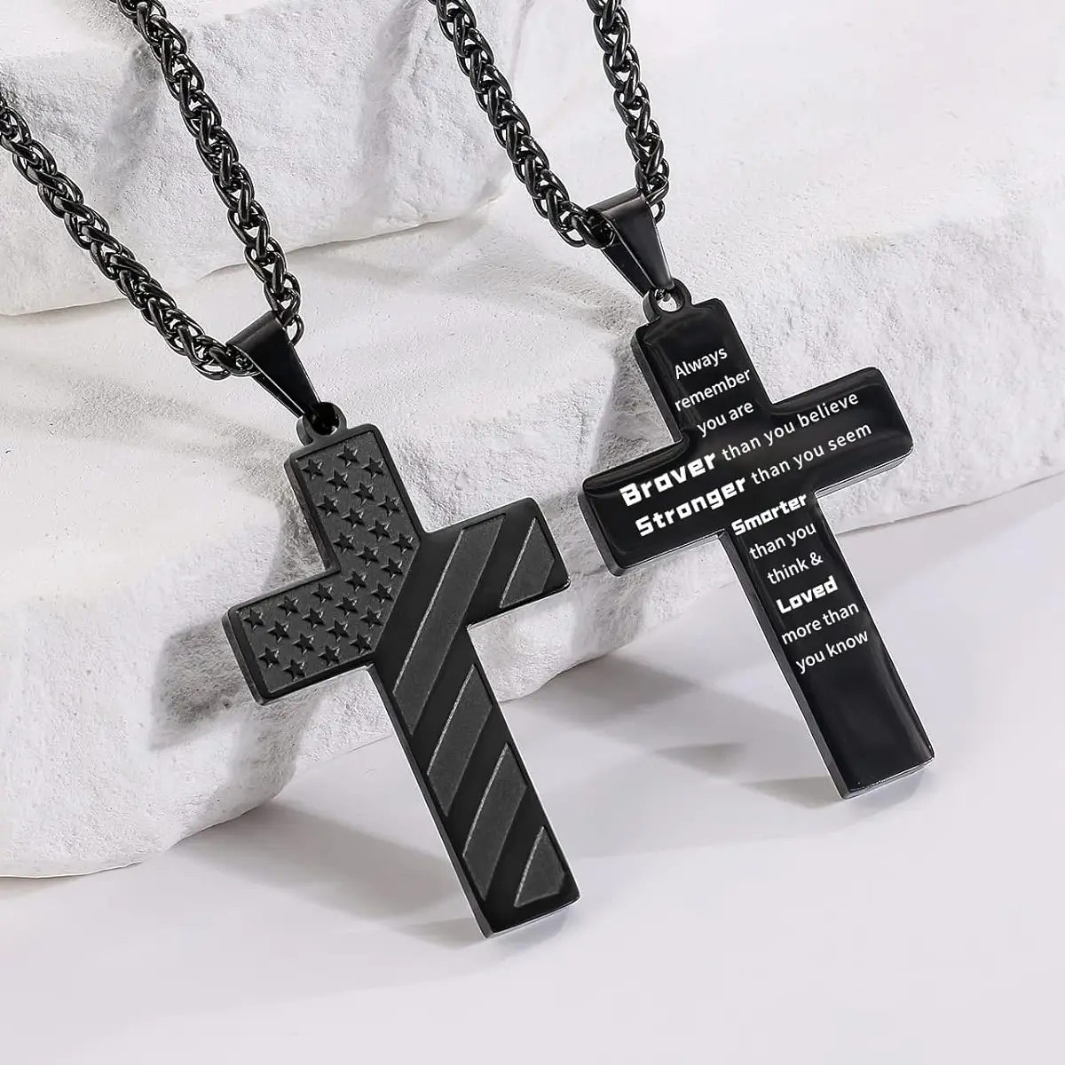 Golden/Silver/Black Cross Necklace Bible Verse Stainless Steel American Flag Pendant Chain for Men/Women Jewelry Gift Lori Valentine Day Gift Easter B