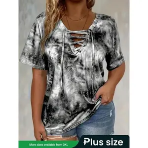 Women’s Plus Size Tie-Dye Knot-Front Short-Sleeve Top, Casual Trendy Style, Perfect for Everyday Wear & Leisure Gatherings