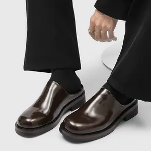 Men’s Square Toe Glossy Slip On Backless Leather Casual Outdoor Slippers