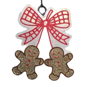 Gingerbread Car Freshie with Red Bow and Glittery Cookies for Festive Car Aroma